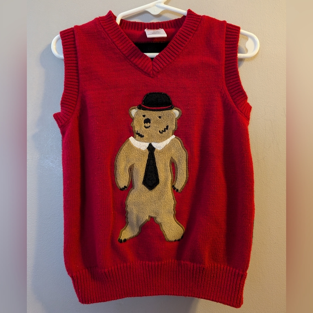 🐻 Gymboree Joyful Holiday Dapper London Bear Red Sweater Vest Toddler Boys 3T